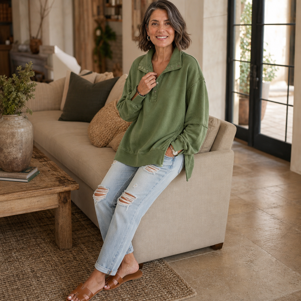 Draperie Raw-Edge Split-Cuff Snap Placket Henley - Elena Harper