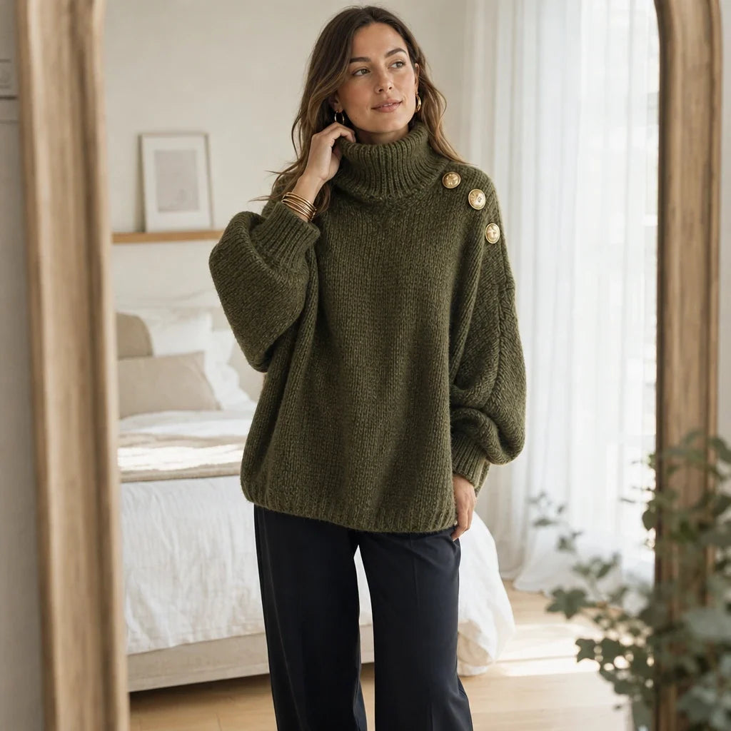 Aurelle – Gold Button Shoulder Knit Turtleneck Sweater