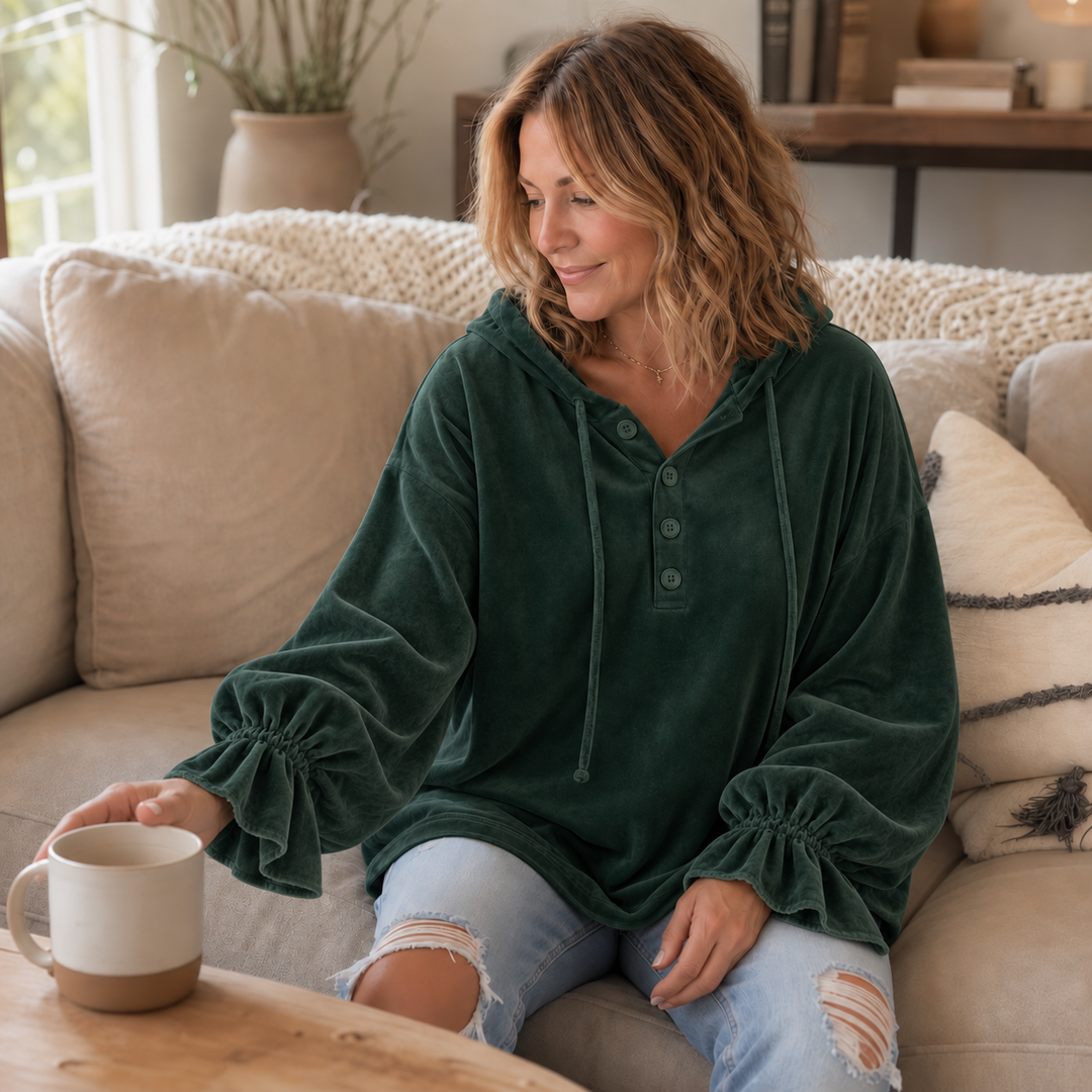 Drapella Lantern Sleeve Ruffled Cuff Hoodie - Elena Harper