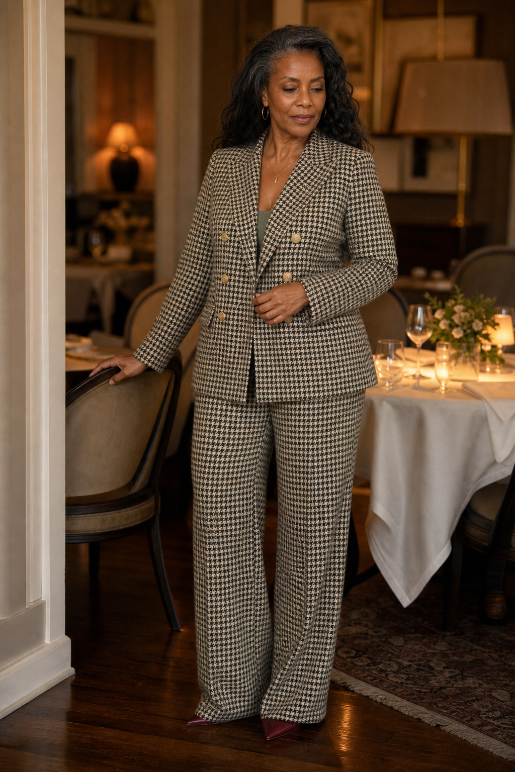 Composure Plaid Double-Breasted Blazer & Wide-Leg Pants Set - Elena Harper