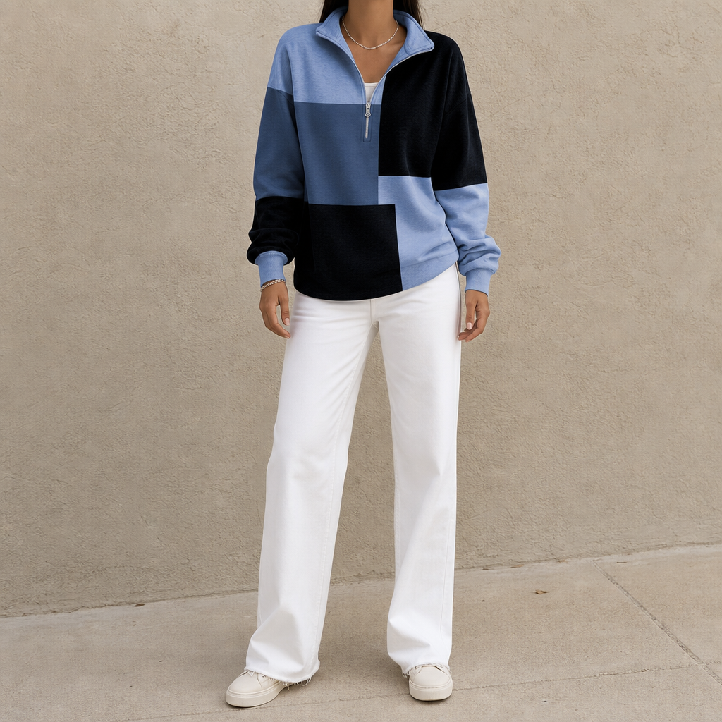 Colorplaid Colorblock Plaid Stand-Collar Zip Sweatshirt - Elena Harper