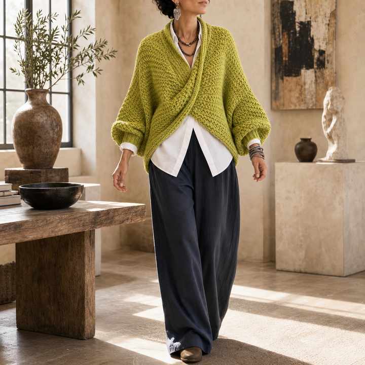 Crossovera Chunky Knit Crossover V-Neck Sweater - Elena Harper