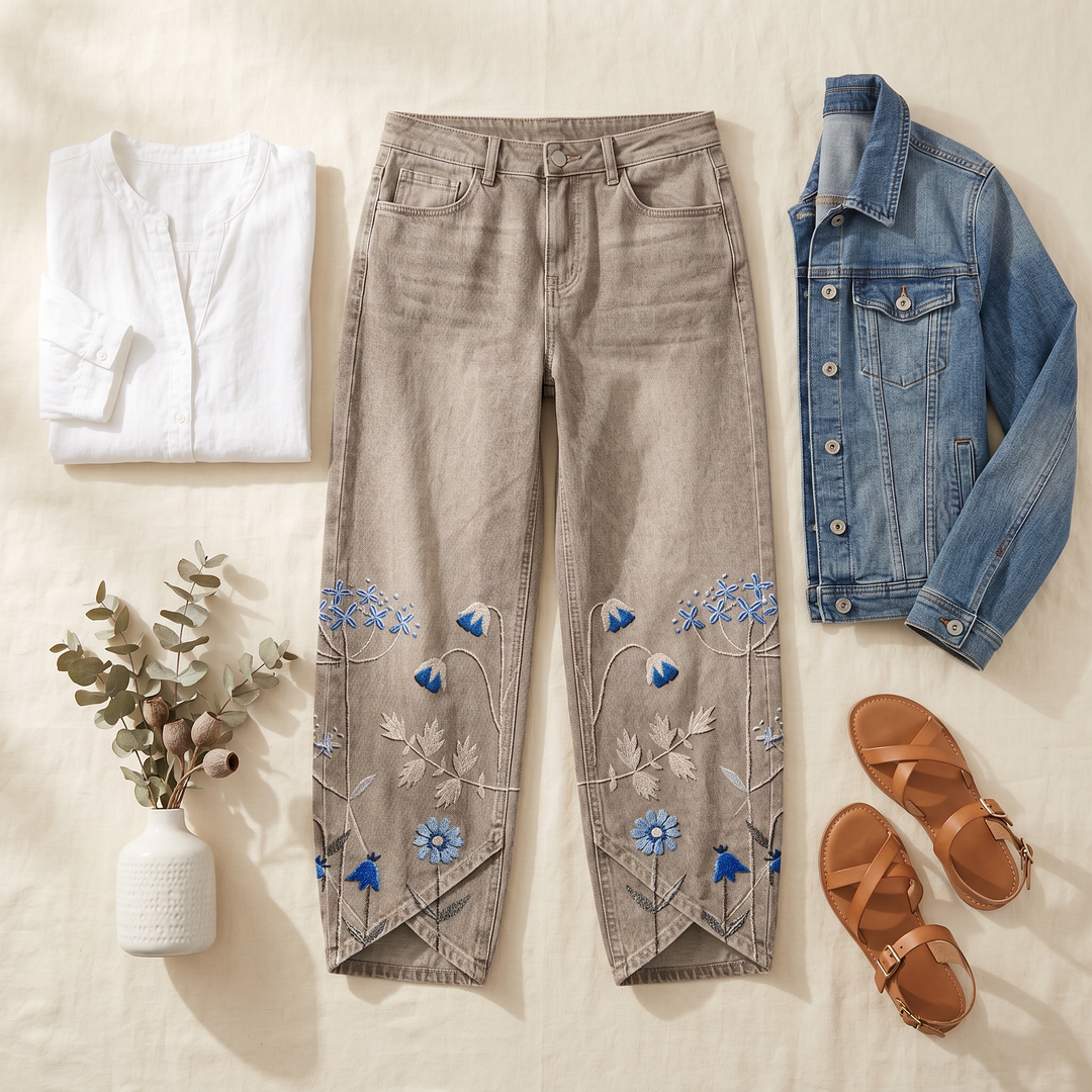 Bloomara Women's Embroidered Wide-Leg Jeans with Tulip Hem - Elena Harper