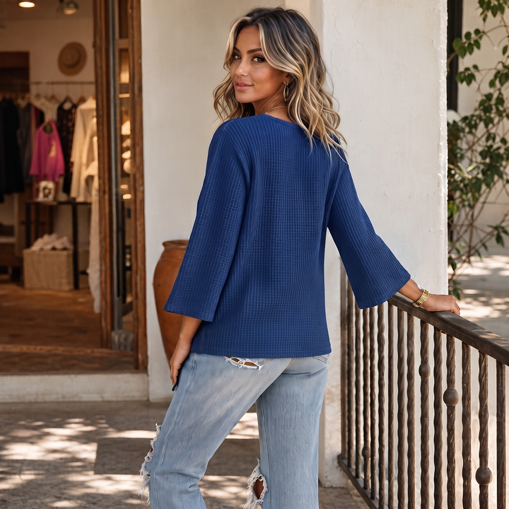 Drapella Asymmetric Crossover Hem Waffle Knit Top - Elena Harper