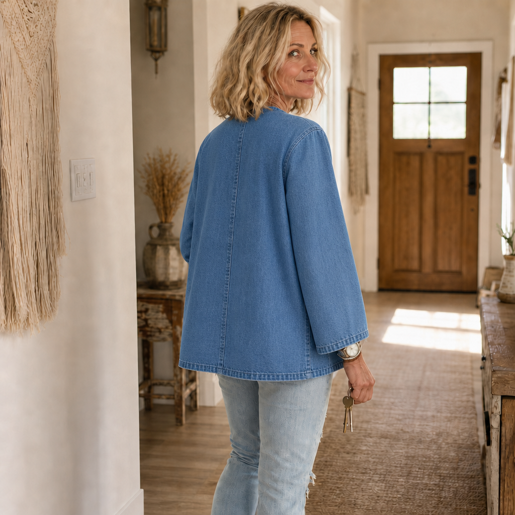 Drapella Collarless Soft-Denim-Look Button-Down Cardigan - Elena Harper
