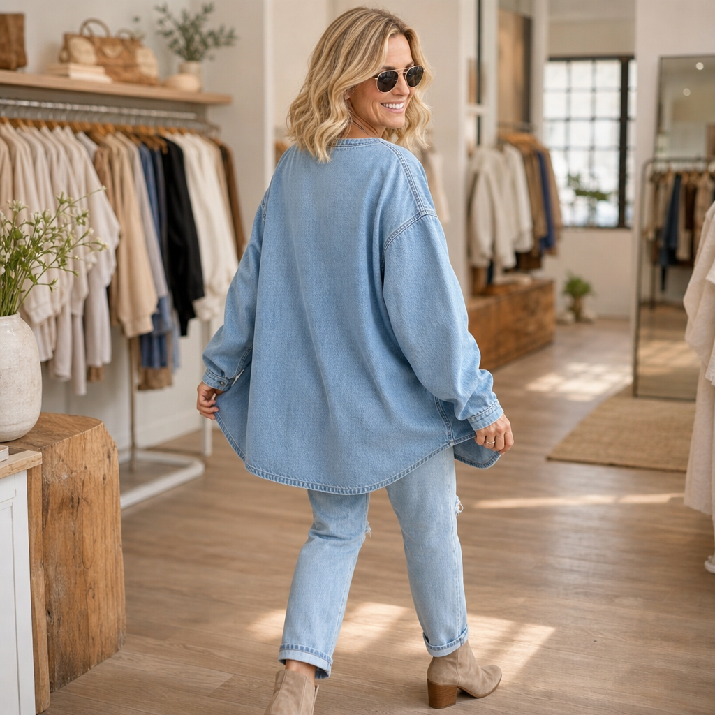 Deniva Denim-Textured Half-Zip Pullover - Elena Harper
