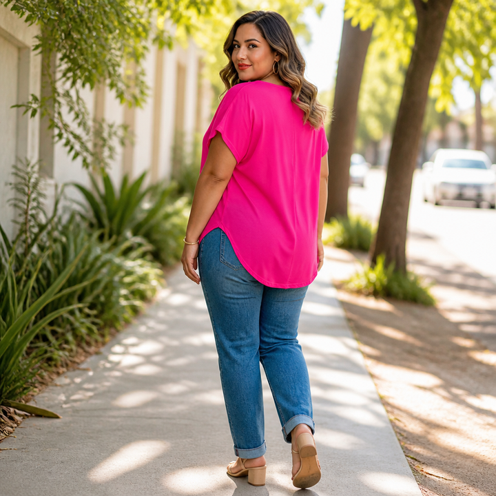 Draperie V-Neck Dolman Sleeve High-Low Hem Tee - Elena Harper