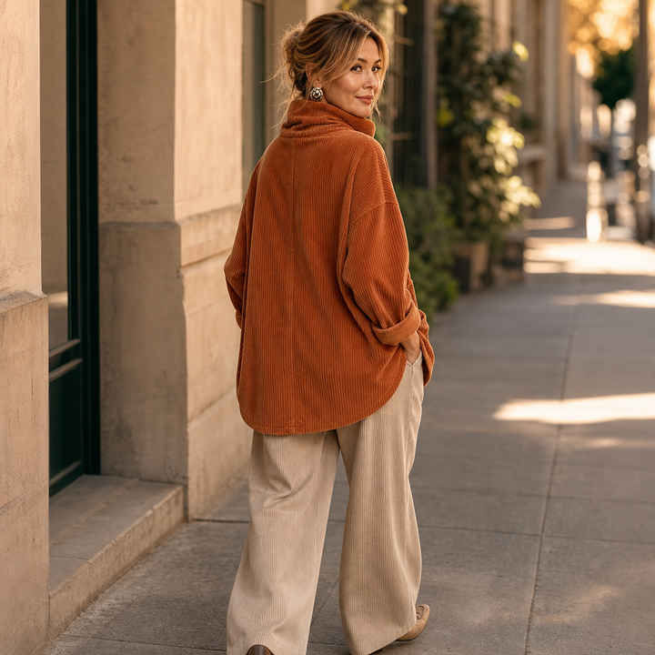 Draperie Asymmetric Button-Wrap Corduroy Top - Elena Harper