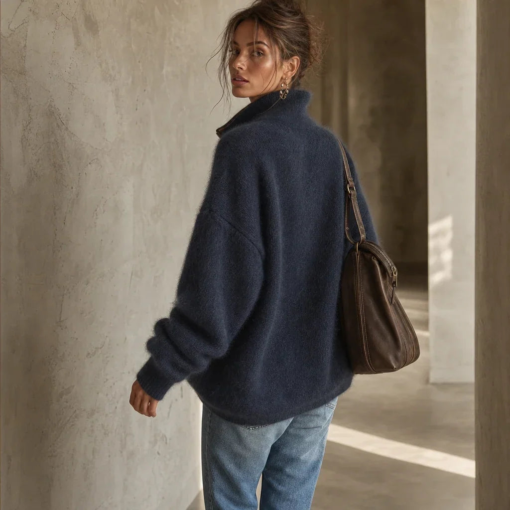 Cozyline Fuzzy Contrast-Trim Half-Zip Sweater - Elena Harper