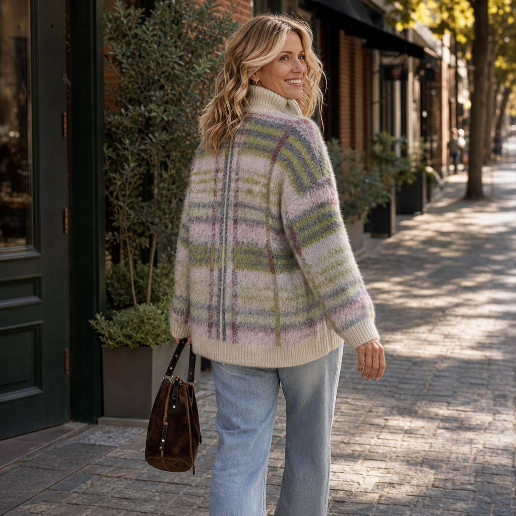 Checkermere Plush Plaid Zip-Up High-Collar Cardigan - Elena Harper