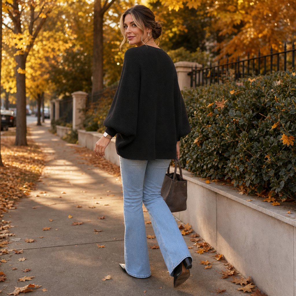 Drapeva Fitted Cuff Batwing Knit Pullover - Elena Harper