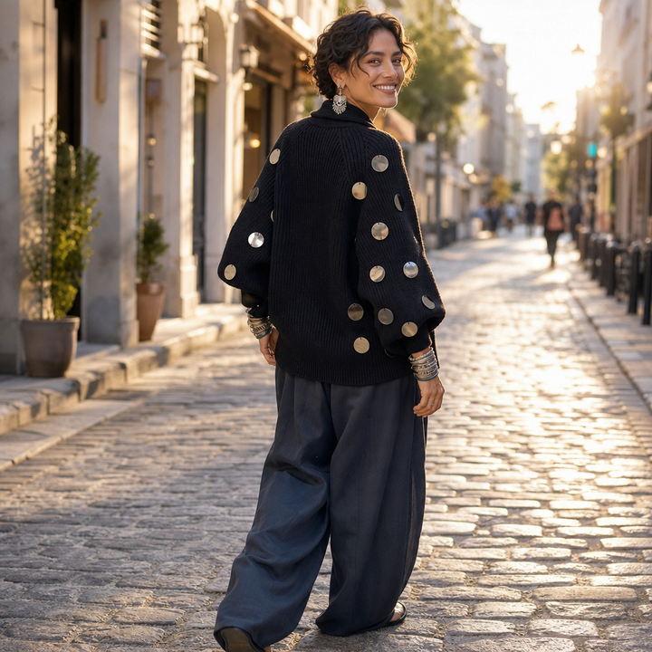 Diskelle Metallic Disk Wrap Cardigan - Elena Harper
