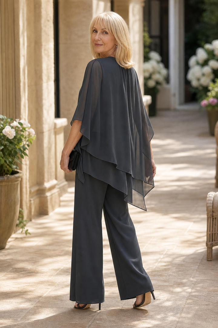 Draperie Asymmetric Drape Overlay Wide-Leg Pant Set - Elena Harper