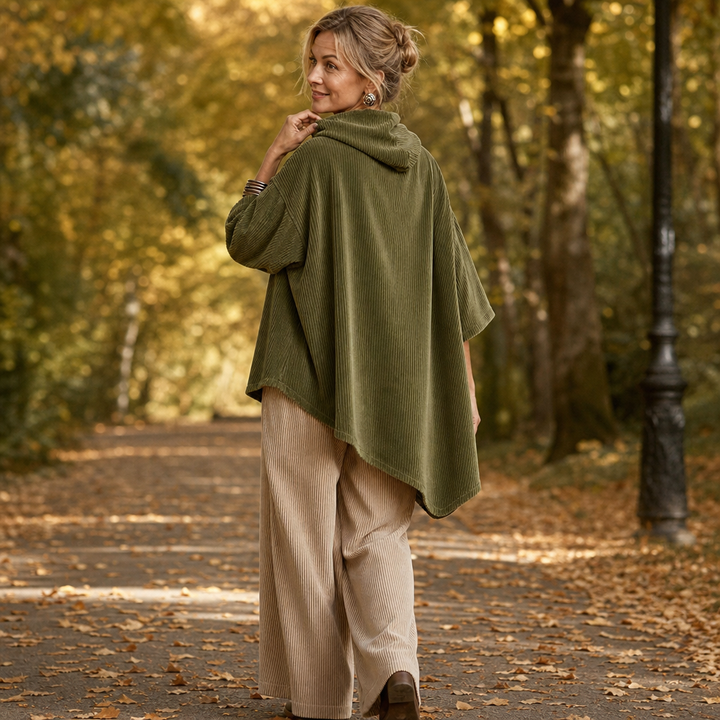 Draperly Asymmetric Hem Hooded Corduroy Poncho - Elena Harper