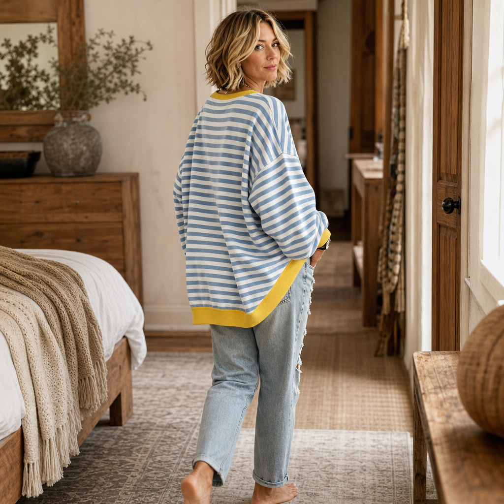 Coziver Drop-Shoulder Puff Sleeve Split-Hem Sweatshirt - Elena Harper