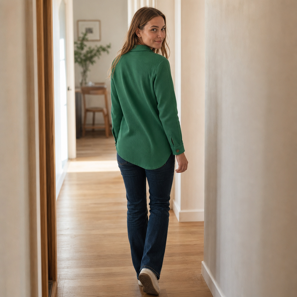 Draperau Waffle-Knit Asymmetric Placket Top - Elena Harper