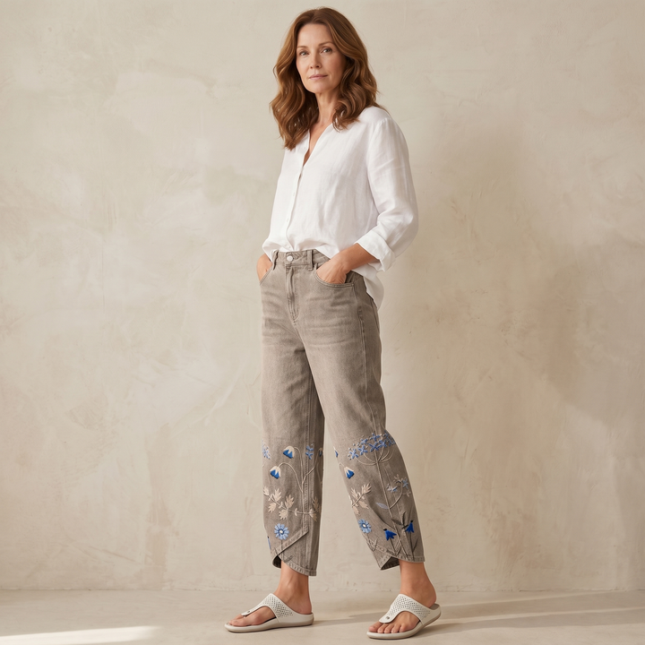 Bloomara Women's Embroidered Wide-Leg Jeans with Tulip Hem - Elena Harper