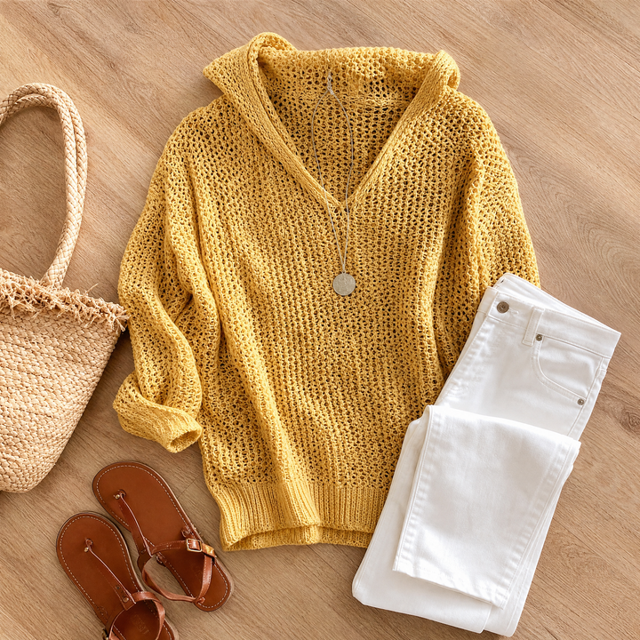 Delyne Women's Open-Knit Hooded Pullover - Elena Harper