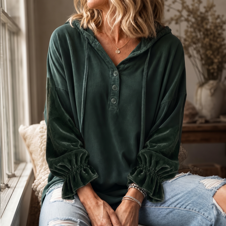 Drapella Lantern Sleeve Ruffled Cuff Hoodie - Elena Harper