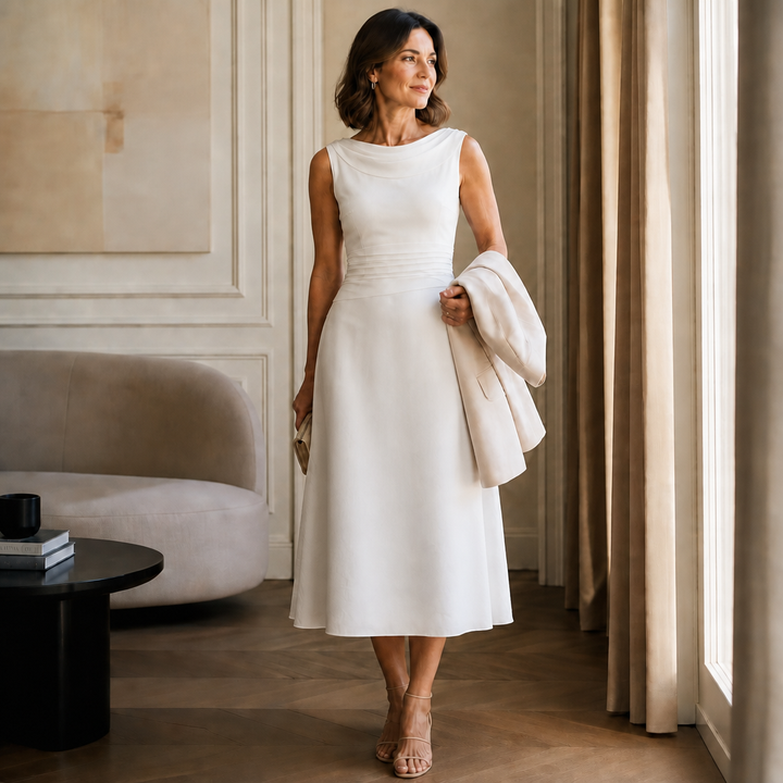 Draperie Draped-Neck Pleated A-Line Wedding Guest Dress - Elena Harper