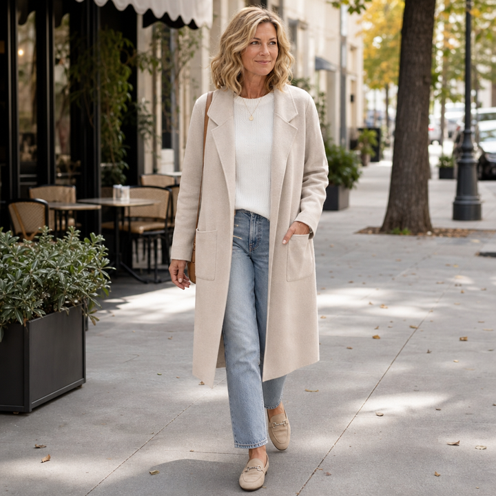 Draperie Longline Open-Front Wool-Blend Look Coat - Elena Harper