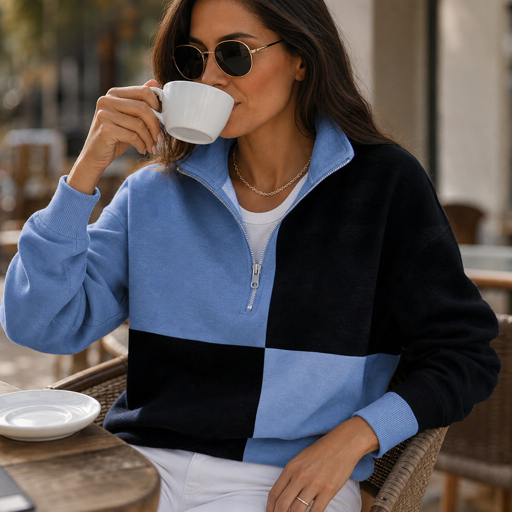 Colorplaid Colorblock Plaid Stand-Collar Zip Sweatshirt - Elena Harper
