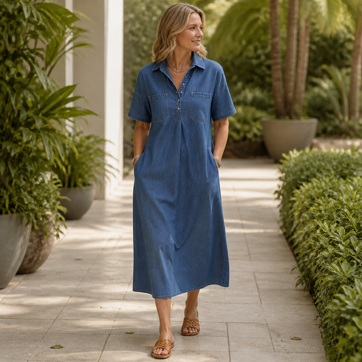 Denimly Pocketed Shirt Collar Denim Midi Dress - Elena Harper