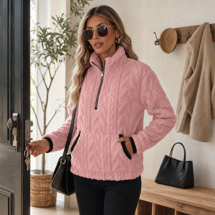 Cloudessa Half-Zip Fuzzy Pullover With Kangaroo Pocket - Elena Harper