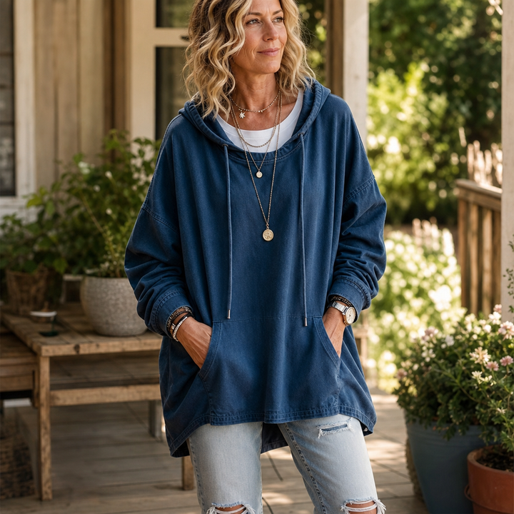 Denim Ease Washed Oversized Denim-Look Hoodie - Elena Harper