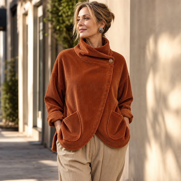 Draperie Asymmetric Button-Wrap Corduroy Top - Elena Harper