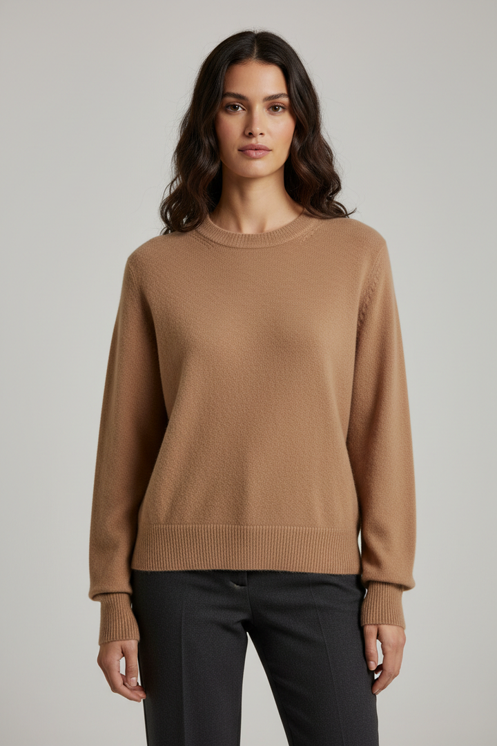Ladies Fine Knitted Sweater with Round Neck and Ribbed Cuffs