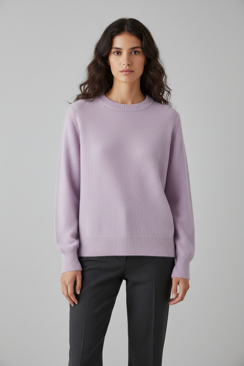 Ladies Fine Knitted Sweater with Round Neck and Ribbed Cuffs