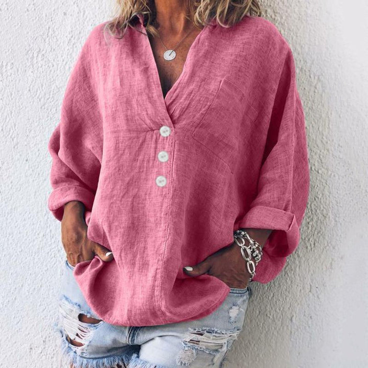 Heidi | Linen Button-Down Blouse V-Neck Oversized Roll Tab Sleeves