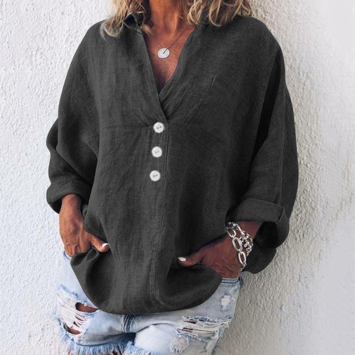 Heidi | Linen Button-Down Blouse V-Neck Oversized Roll Tab Sleeves
