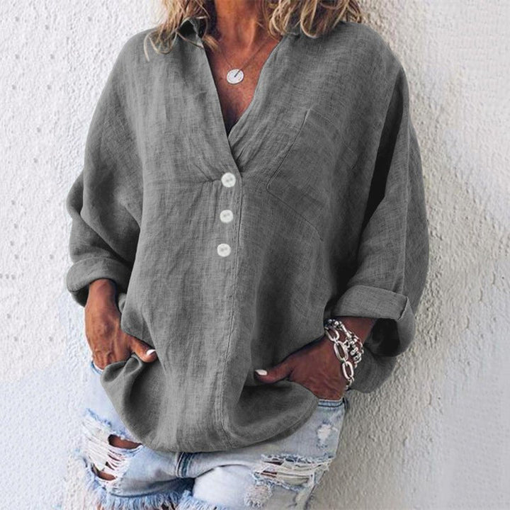 Heidi | Linen Button-Down Blouse V-Neck Oversized Roll Tab Sleeves