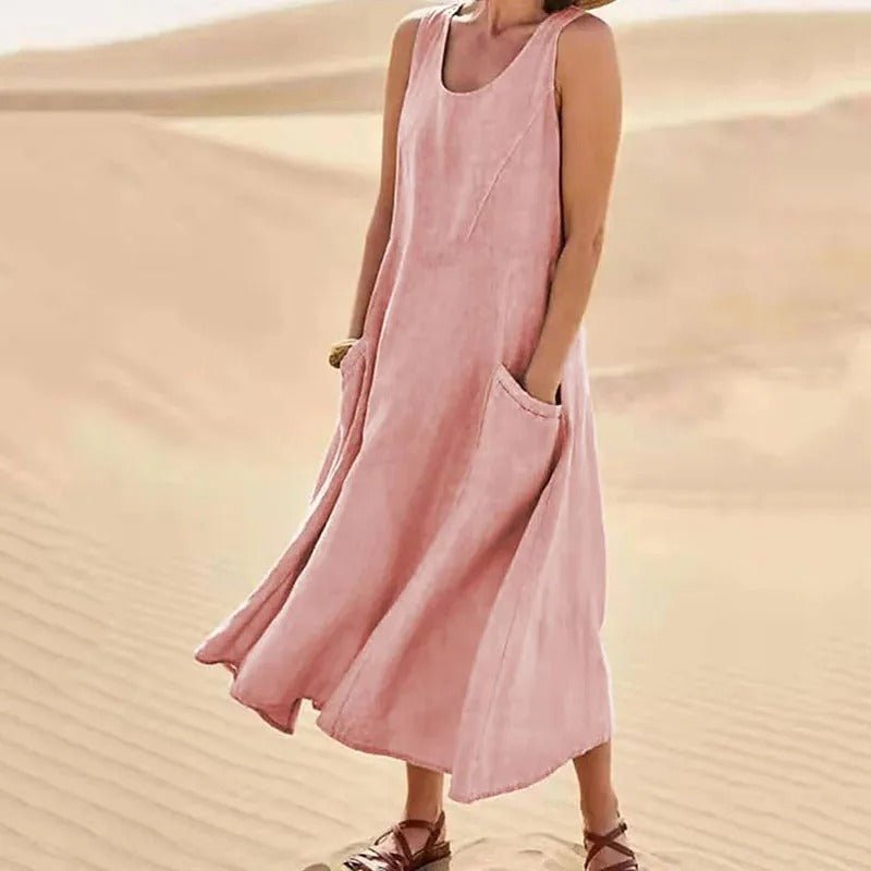 Florence | Linen Maxi Dress Sleeveless Summer U-Neck Pockets