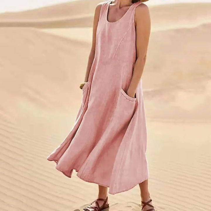 Florence | Linen Maxi Dress Sleeveless Summer U-Neck Pockets