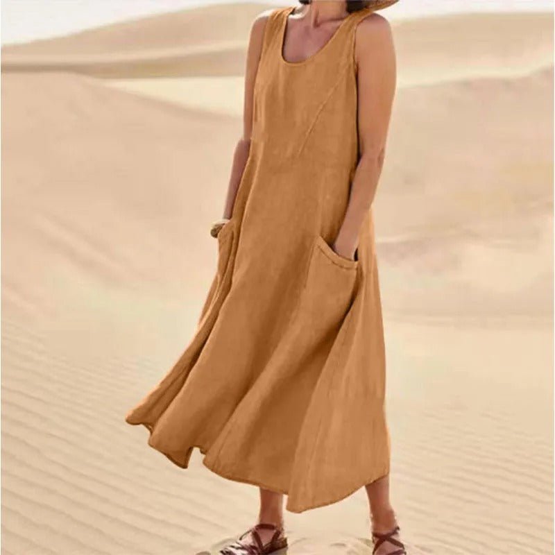 Florence | Linen Maxi Dress Sleeveless Summer U-Neck Pockets