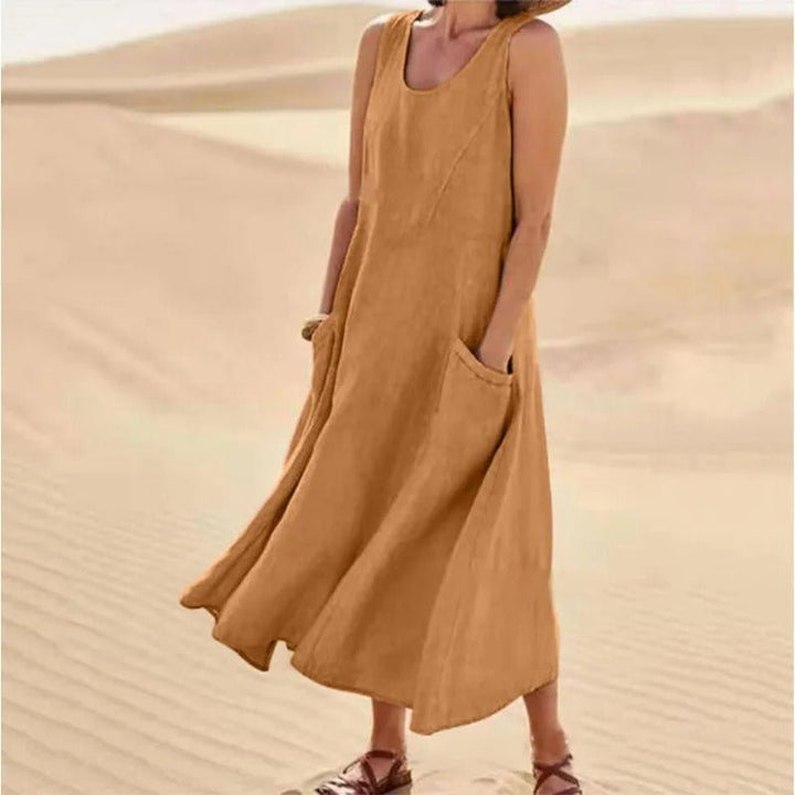 Florence | Linen Maxi Dress Sleeveless Summer U-Neck Pockets