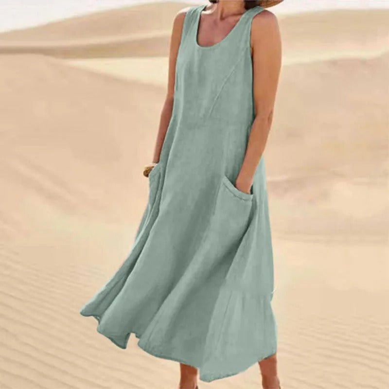 Florence | Linen Maxi Dress Sleeveless Summer U-Neck Pockets