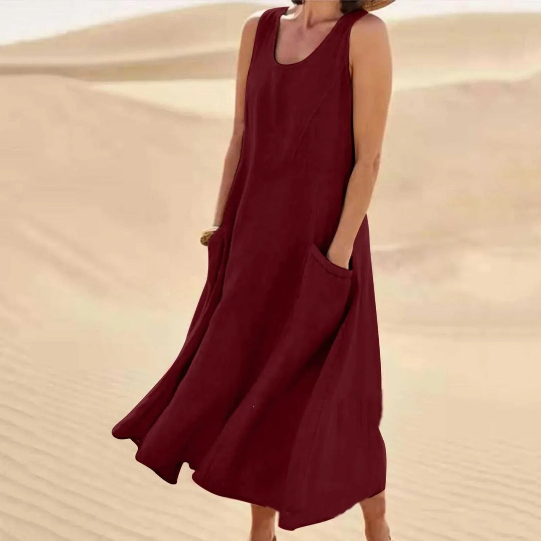 Florence | Linen Maxi Dress Sleeveless Summer U-Neck Pockets