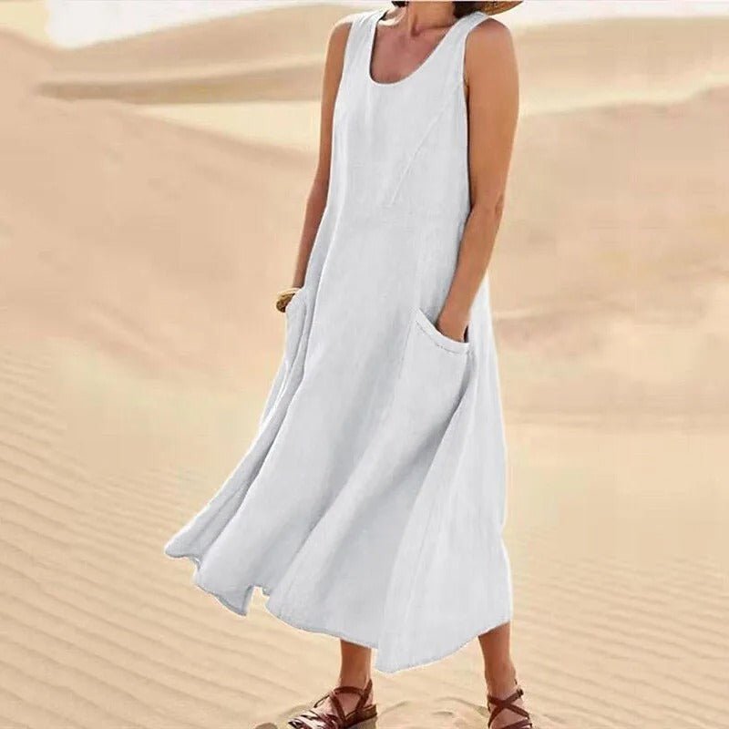 Florence | Linen Maxi Dress Sleeveless Summer U-Neck Pockets