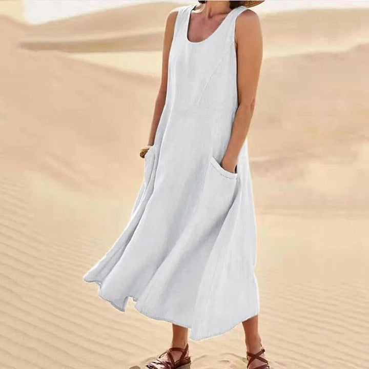 Florence | Linen Maxi Dress Sleeveless Summer U-Neck Pockets