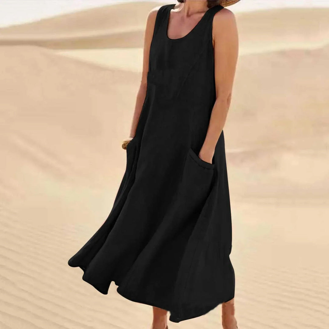 Florence | Linen Maxi Dress Sleeveless Summer U-Neck Pockets