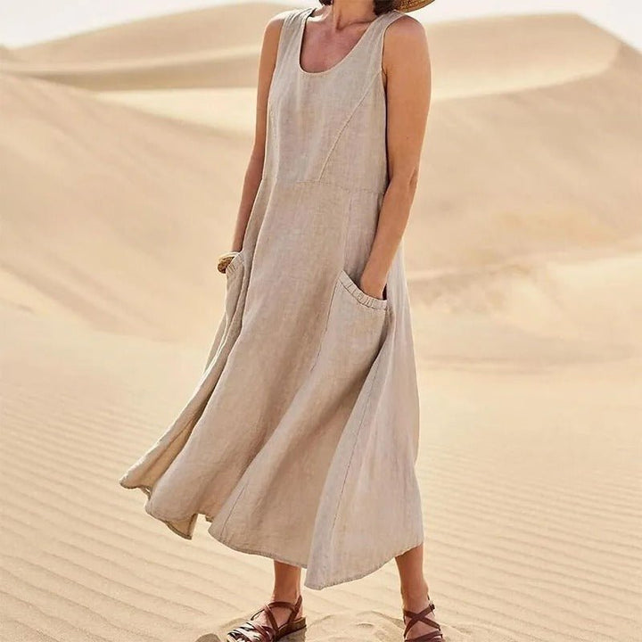 Florence | Linen Maxi Dress Sleeveless Summer U-Neck Pockets