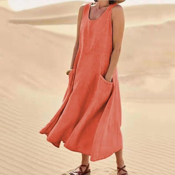 Florence | Linen Maxi Dress Sleeveless Summer U-Neck Pockets