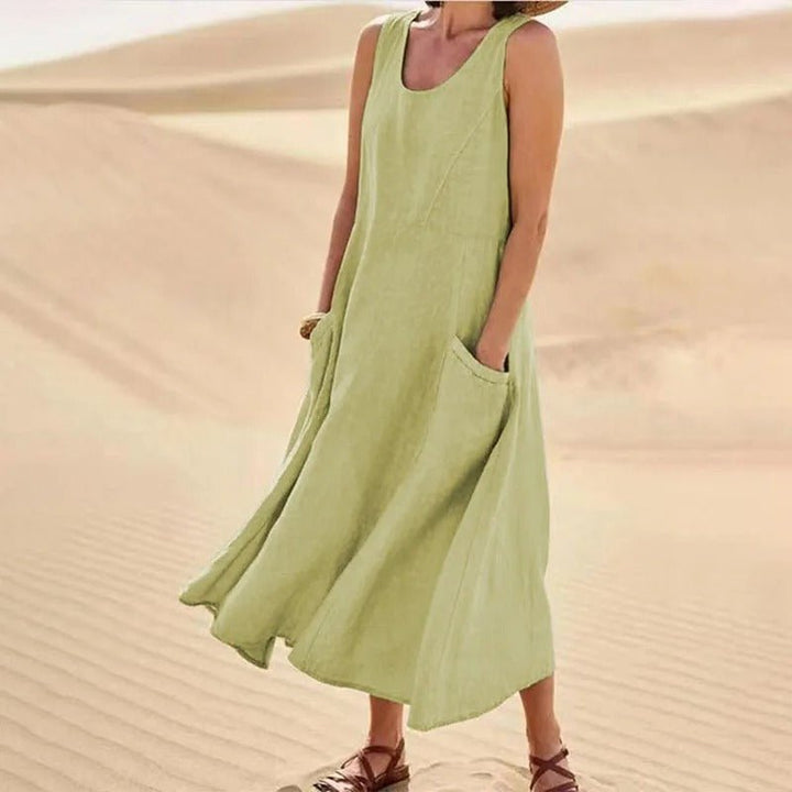 Florence | Linen Maxi Dress Sleeveless Summer U-Neck Pockets
