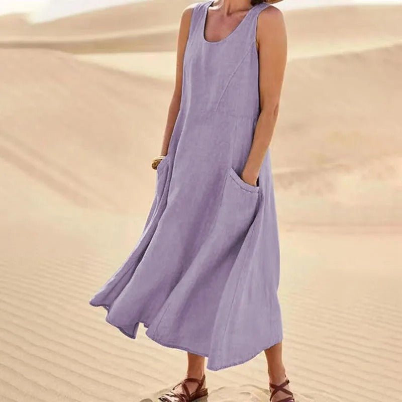 Florence | Linen Maxi Dress Sleeveless Summer U-Neck Pockets