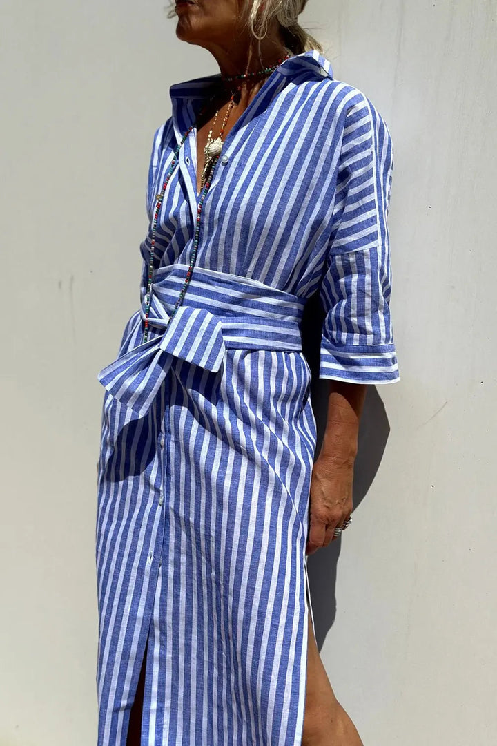 Women's Striped Button-Down Midi Shirt Dress for Effortless Style