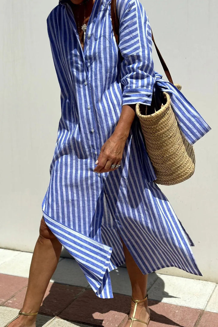 Women's Striped Button-Down Midi Shirt Dress for Effortless Style